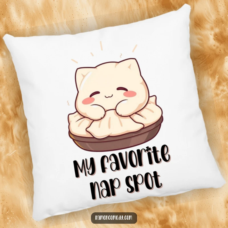 Funny Gyoza Pillow: A happy gyoza character with a satisfied smile naps on a steaming pile, offering cozy food comfort.