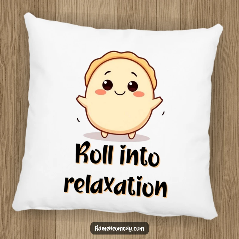Funny gyoza pillow with a happy character rolling playfully, providing soft comfort and a cheerful mood.