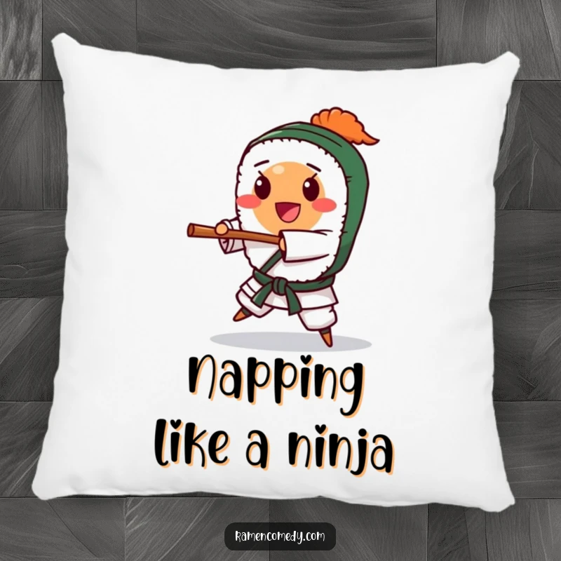 Funny happy sushi roll character in a karate pose, soft pillow. Adorable funny gift for any room.