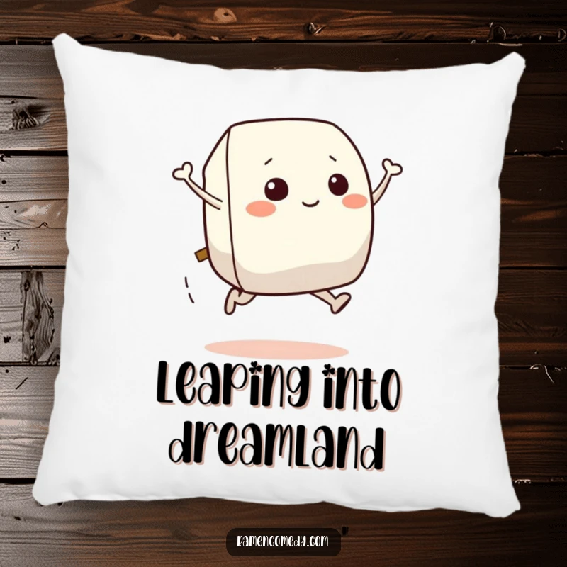 Funny pillow featuring a cheerful onigiri character leaping energetically, perfect for cozy food moments.