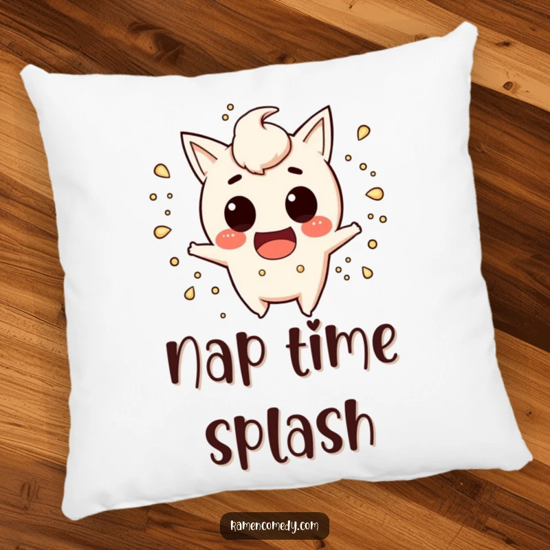 Funny miso soup pillow featuring a mischievous character splashing playfully, offering soft comfort and a touch of humor.