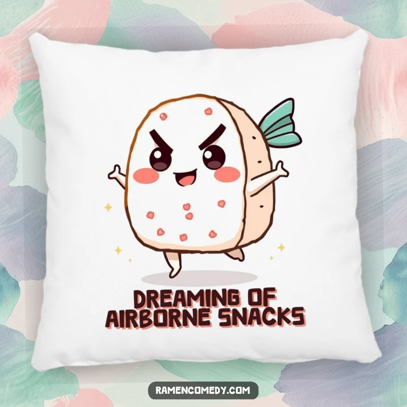Funny onigiri pillow showcasing a determined rice ball character kicking a flying fish cake, bringing soft comfort and humor to any space.
