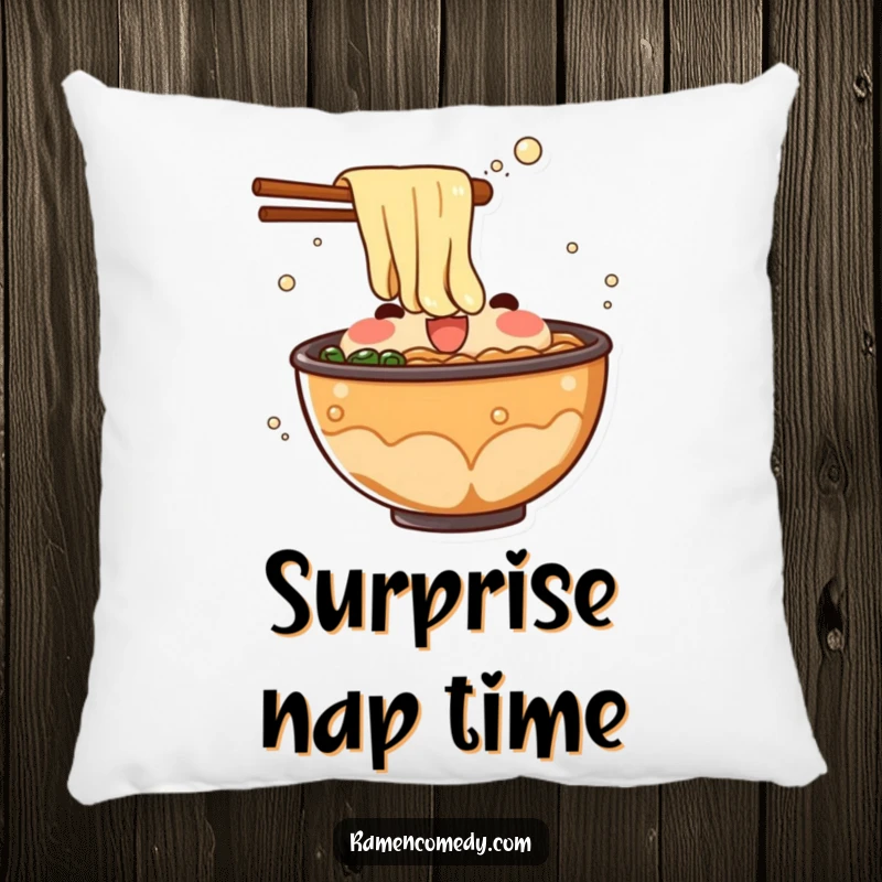 Funny ramen broth pillow with a bubbling character creating a surprising splash, perfect for lounging and adding a humorous touch.