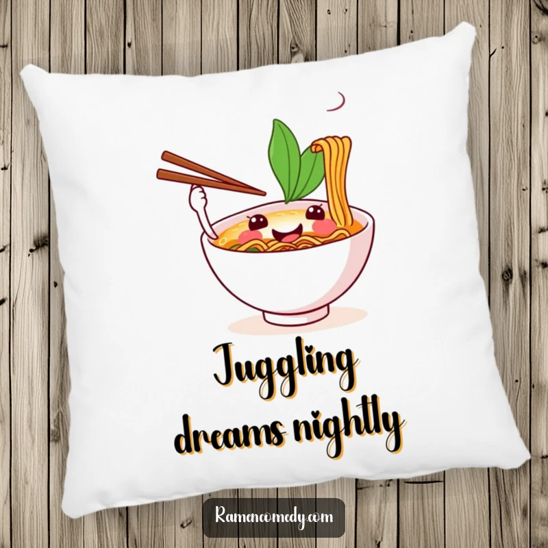 Funny pillow design of a smiling ramen bowl juggling chopsticks, adding a humorous and cozy element.