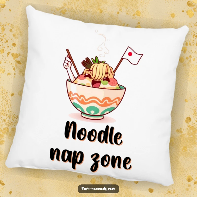 Funny ramen bowl character, steaming and waving a flag, depicted on a soft and decorative pillow.