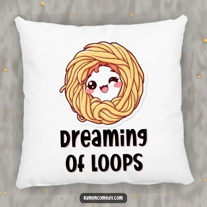 Funny pillow cover with a happy ramen noodle character curling into a loop, designed for comfort and whimsical food-themed decor.