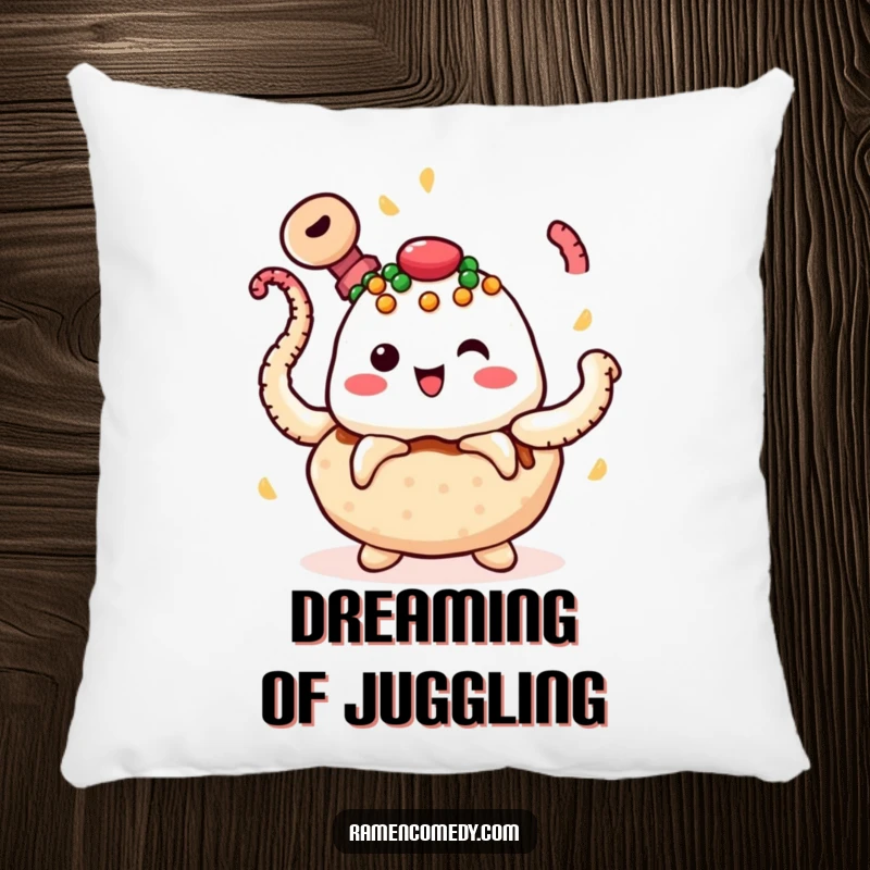 Funny takoyaki pillow showing a cheerful takoyaki character juggling spinning octopus tentacles, adding comfort and humor to any space.