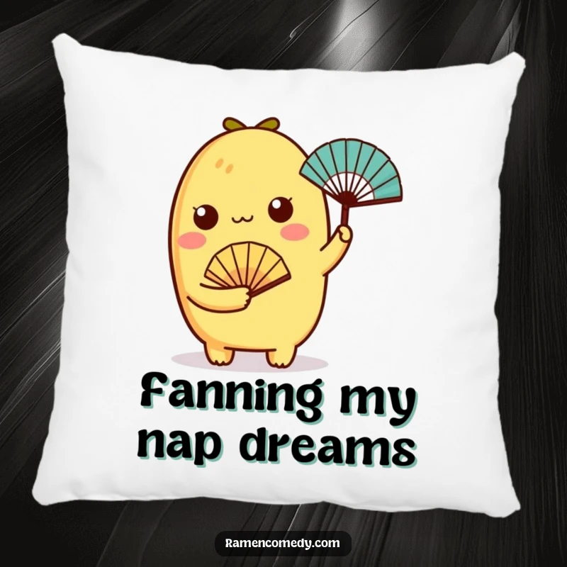 Funny tamagoyaki character holding a tiny fan on a soft pillow, offering charming comfort.
