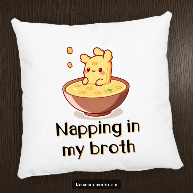 Funny Pillow featuring a piece of tempura contentedly floating in broth, offering comfort and a dose of peaceful food humor.