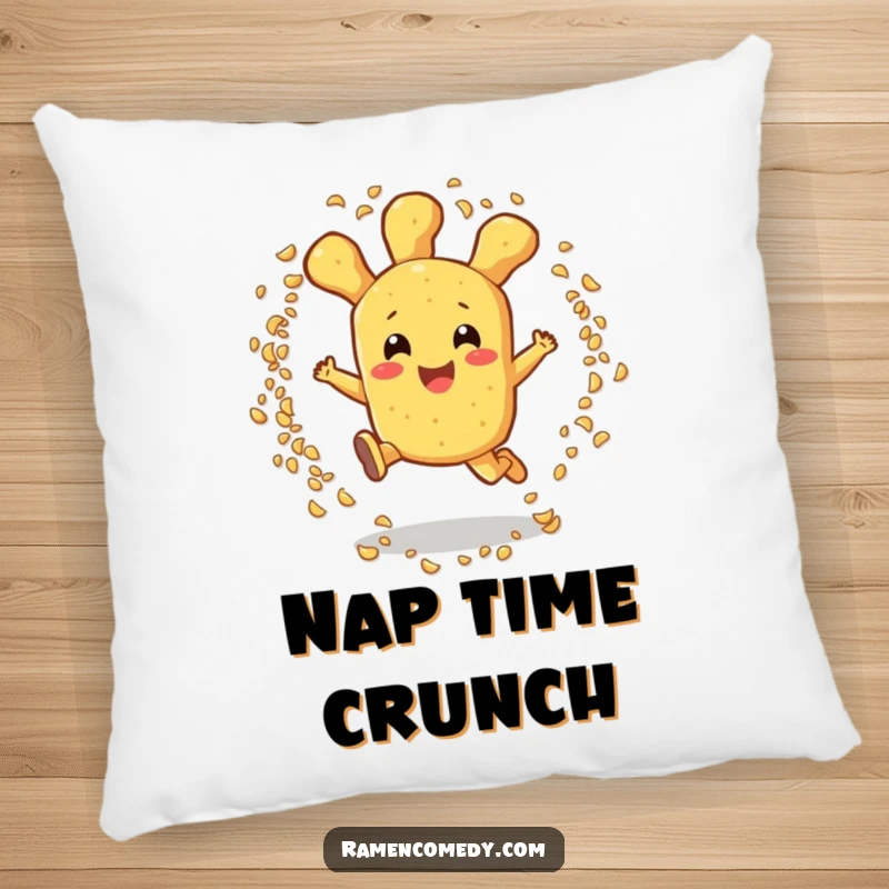 Funny tempura pillow with an excited tempura piece character leaping through sesame seeds, offering comfort and playful charm.