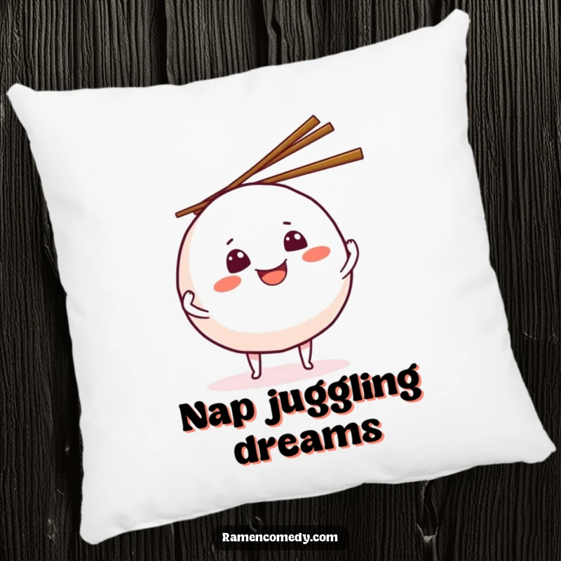 Funny grinning onigiri pillow, a soft cushion showing a rice ball character juggling chopsticks, perfect for humorous comfort.