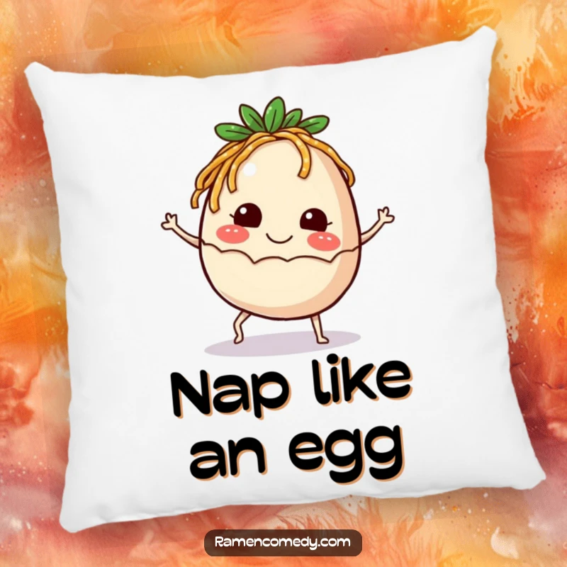 Funny Pillow with a smiling ramen egg and tiny legs kicking up happily, offering comfort and a touch of culinary whimsy.