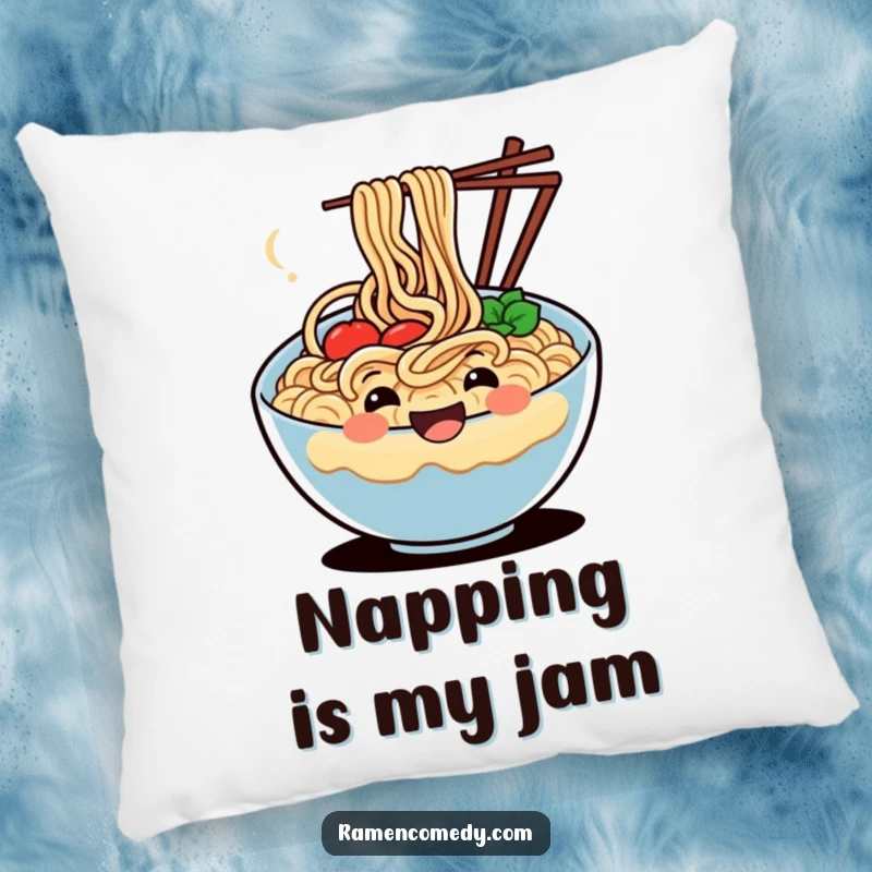 Funny pillow featuring a happy, wiggling bowl of noodles, offering comfort and a dose of culinary cheer.