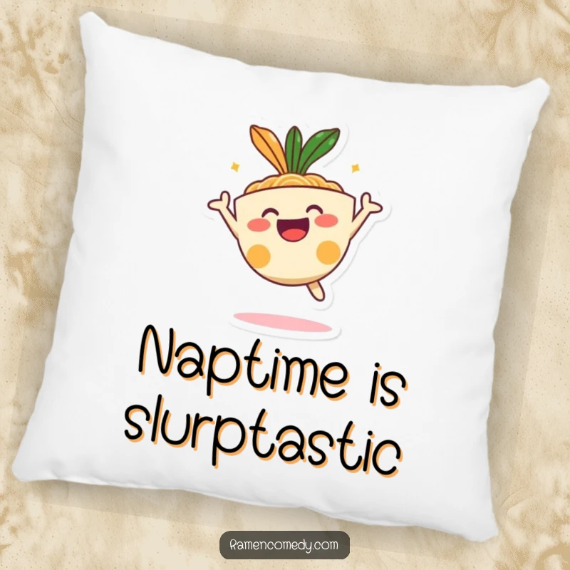 Funny happy ramen bowl character in a playful, energetic jump, soft cartoon food pillow.