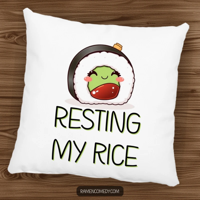 Funny pillow design featuring a cute sushi piece winking cheekily with a tiny soy sauce bottle, combining comfort with a delicious sense of humor.