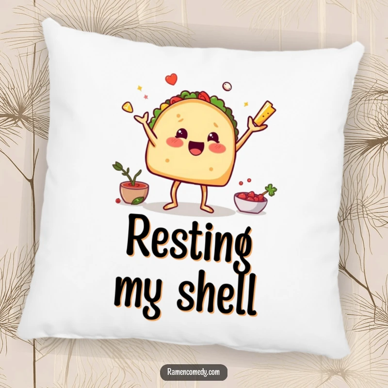Funny pillow showcasing a taco with legs gleefully juggling its toppings, adding a comical touch to any room.