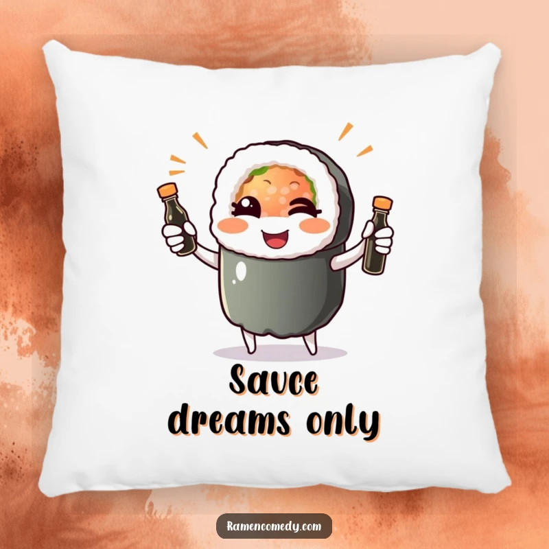 Funny sushi roll character winking and juggling soy sauce bottles, depicted on a soft and decorative pillow.