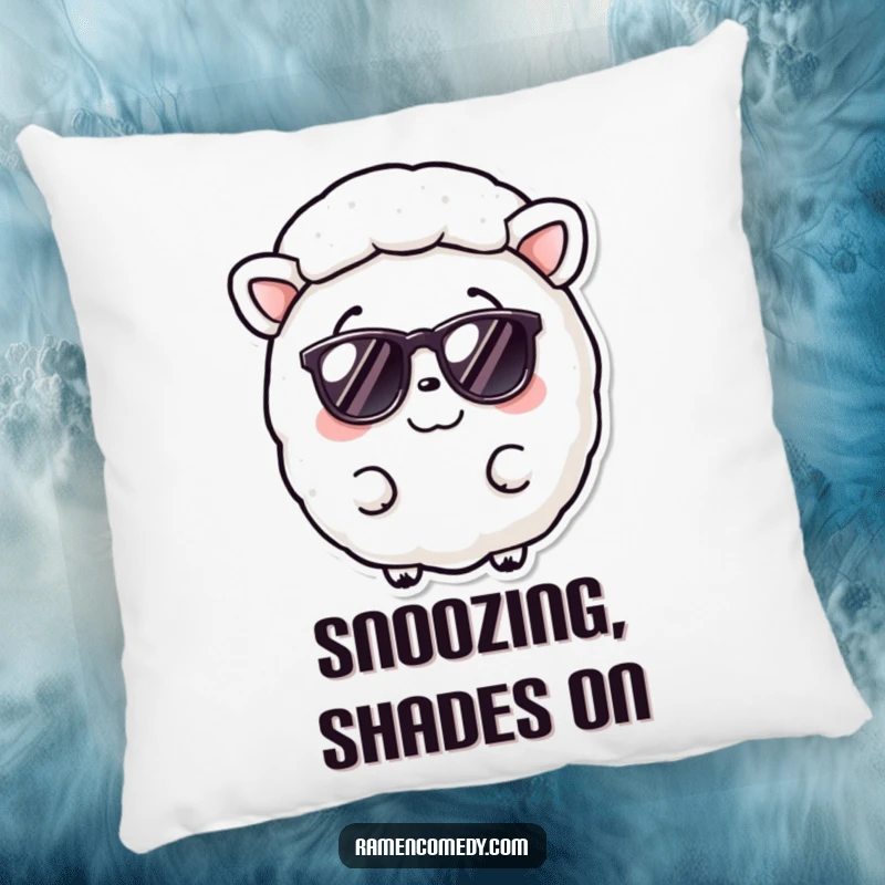 Funny Nori Sheet Pillow with a smiling seaweed character wearing cool tiny sunglasses, perfect for lounging.