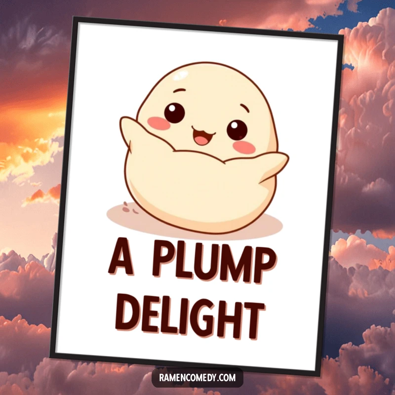 Funny cheerful dumpling rolling joyfully towards the viewer, vibrant and cute food art.