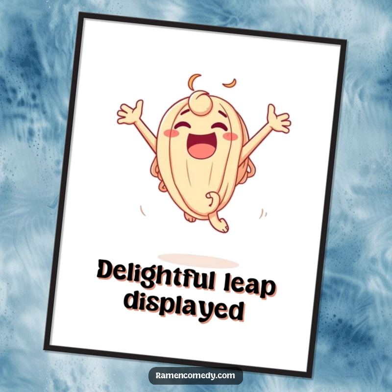 Funny Digital Art Print of an excited udon noodle character leaping joyfully, offering instant downloadable humor and playful energy.