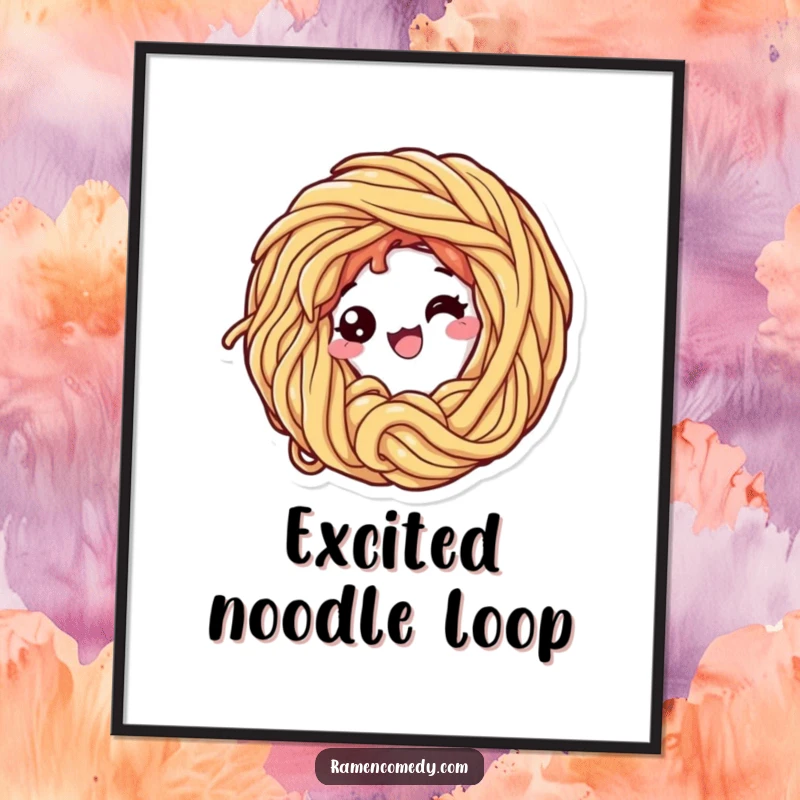 Funny digital art print of a cheerful ramen noodle character excitedly curling into a perfect loop, full of joy and playfulness.