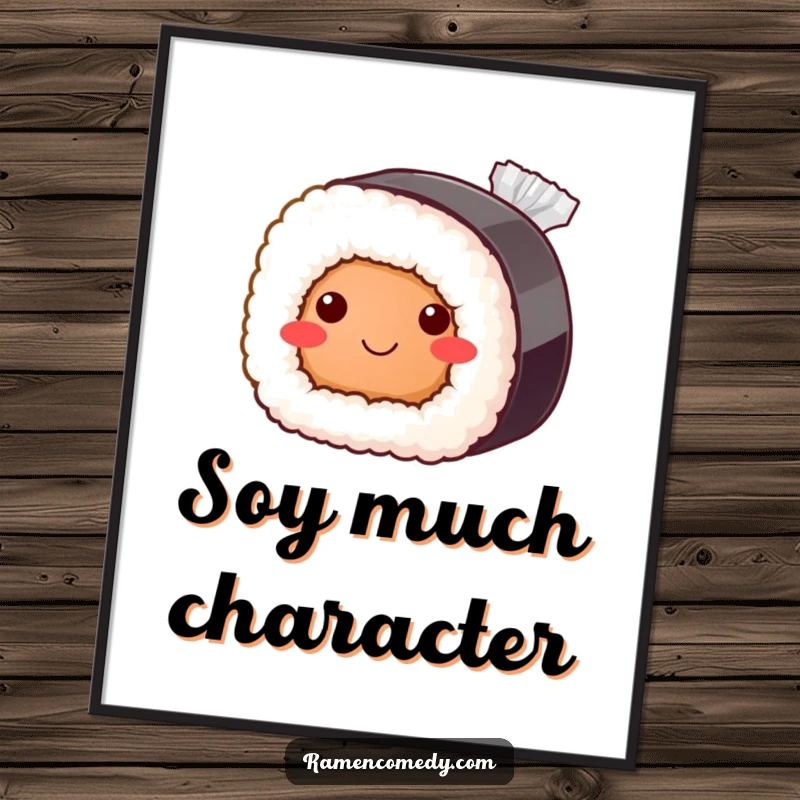 Funny sushi roll digital art print, bashful smile peeking from soy sauce, cute Japanese food illustration.