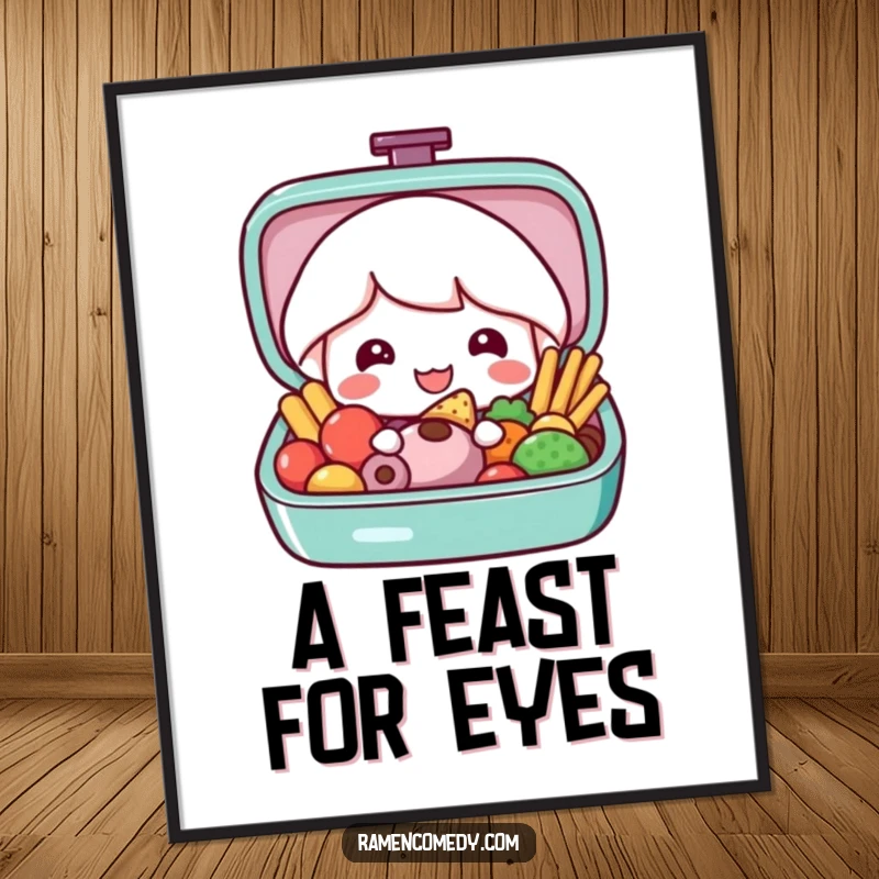 Funny bento box digital art print of a cute bento box character opening to reveal a colorful and appetizing meal, perfect for foodies.