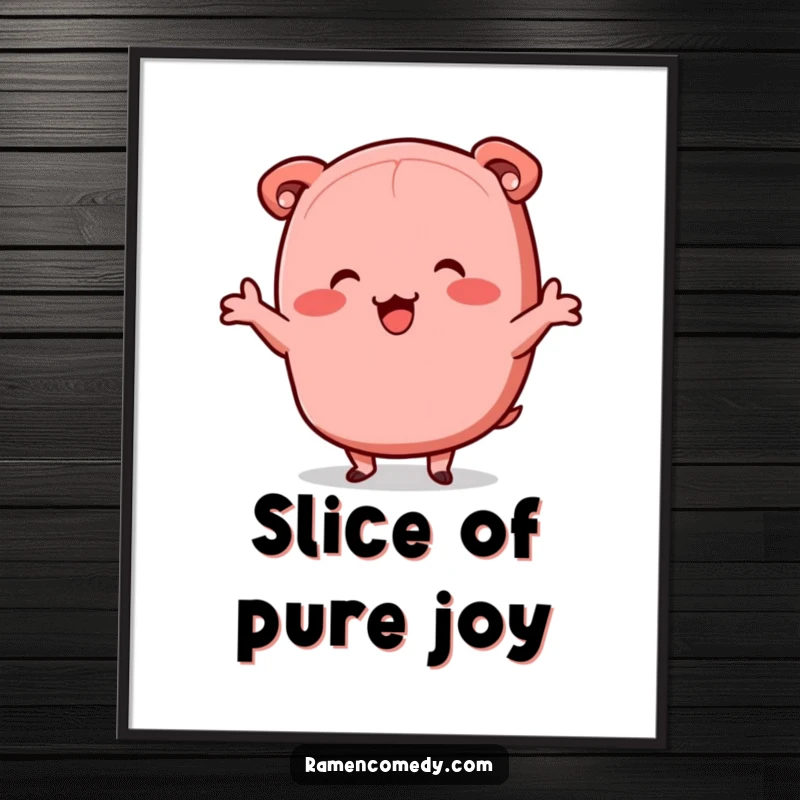 Funny chashu pork digital art print, happy dancing slice, cute ramen character illustration.
