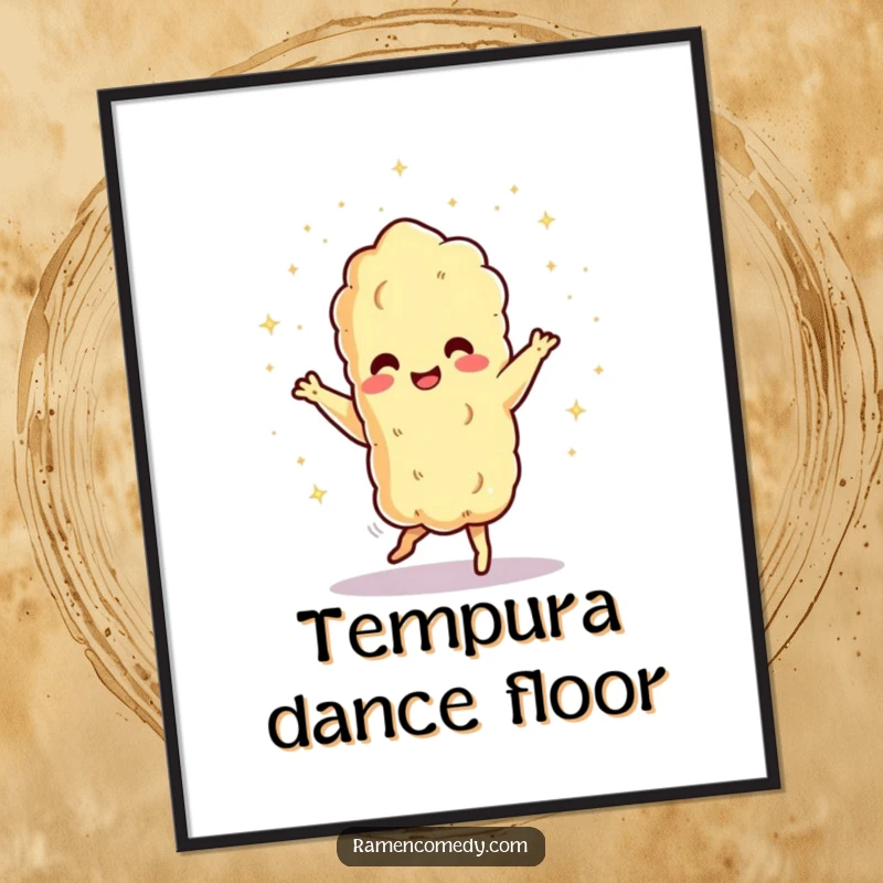 Funny dancing tempura character showering tiny sparks, digital art print for download. Expresses energy and humor, ideal funny gift.
