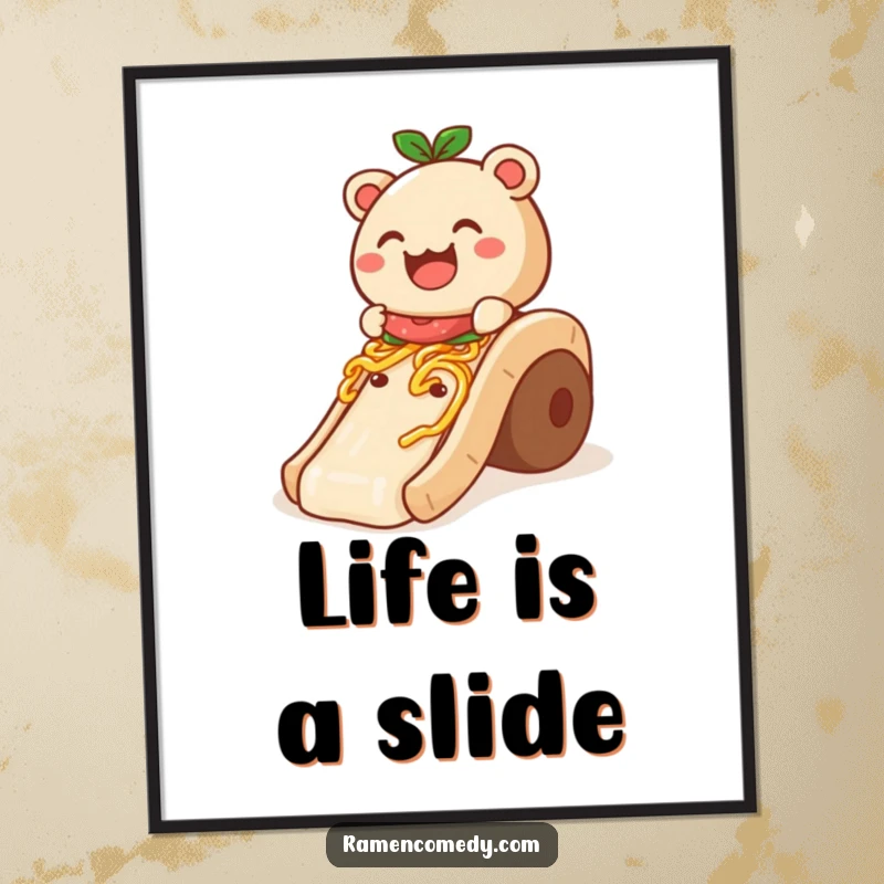 Funny Digital Art: A smiling bao bun slides down a noodle slide, creating a whimsical and downloadable food-themed print.