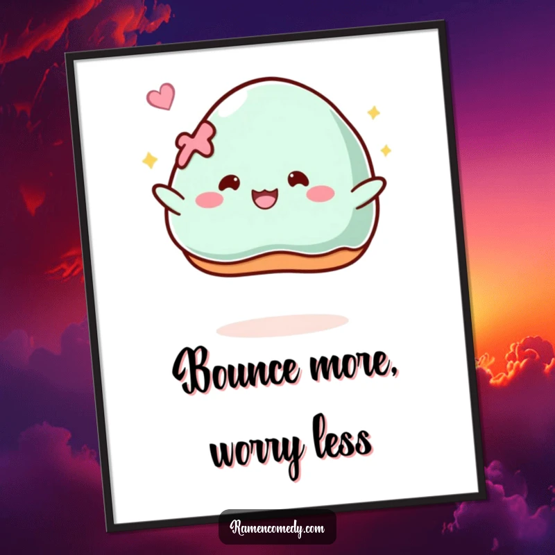 Funny Digital Art: A piece of mochi comically bounces with glee, creating a whimsical and downloadable sweet treat print.