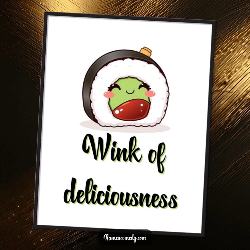 Funny digital art of a sushi piece winking playfully with a miniature soy sauce bottle, perfect for adding instant culinary charm.