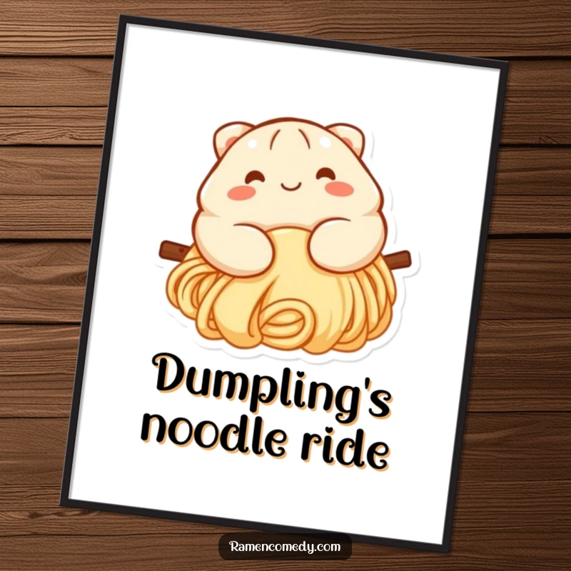 Funny dumpling digital art print of a smiling dumpling with rosy cheeks sliding down a noodle, capturing a moment of food-themed delight.