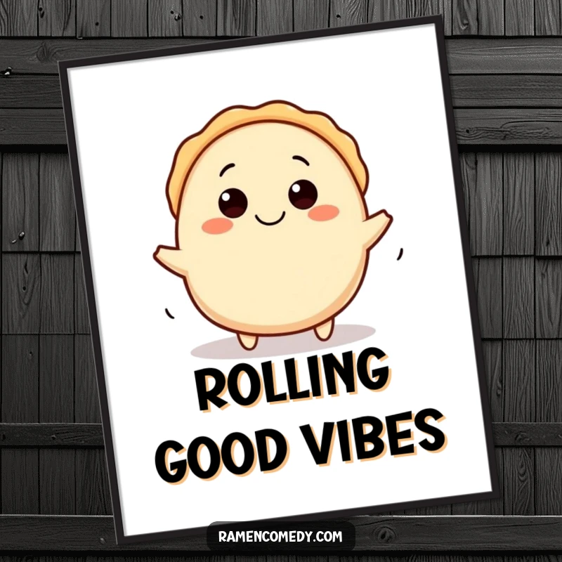 Funny gyoza digital art print of a happy character rolling dynamically, bringing instant food-themed humor.