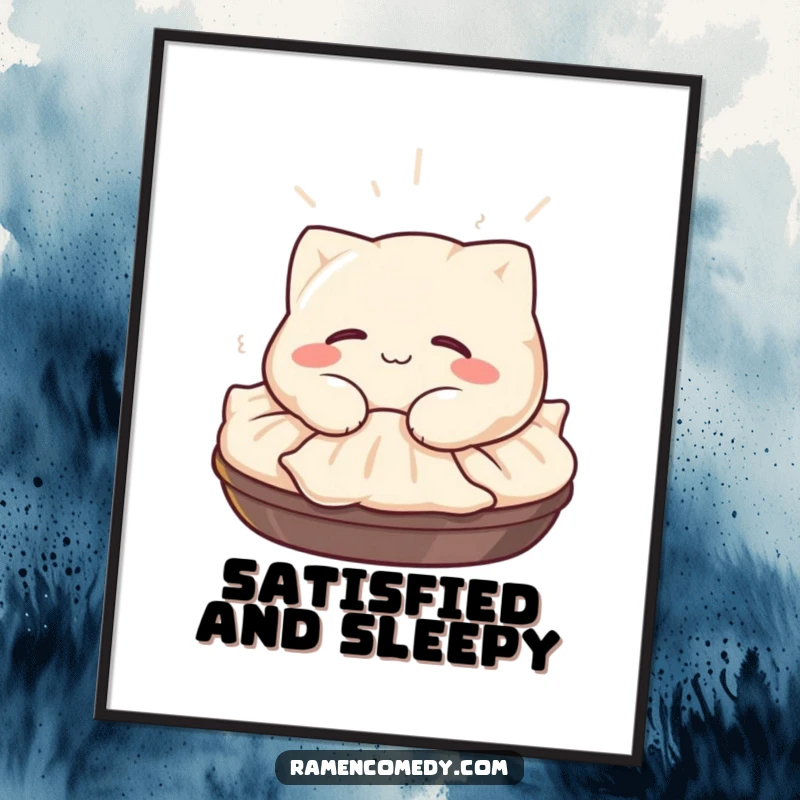 Funny Gyoza Digital Art: A happy gyoza character with a satisfied smile naps on a steaming pile, offering instant cozy humor.