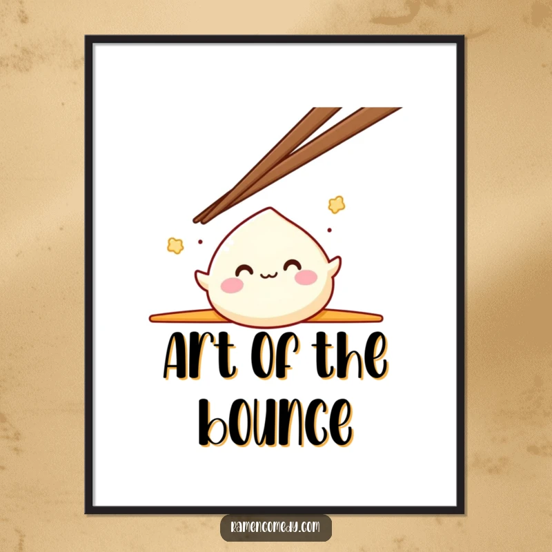 Funny Mochi Digital Art Print of a smiling mochi character happily bouncing between two oversized chopsticks, perfect for instant decor.