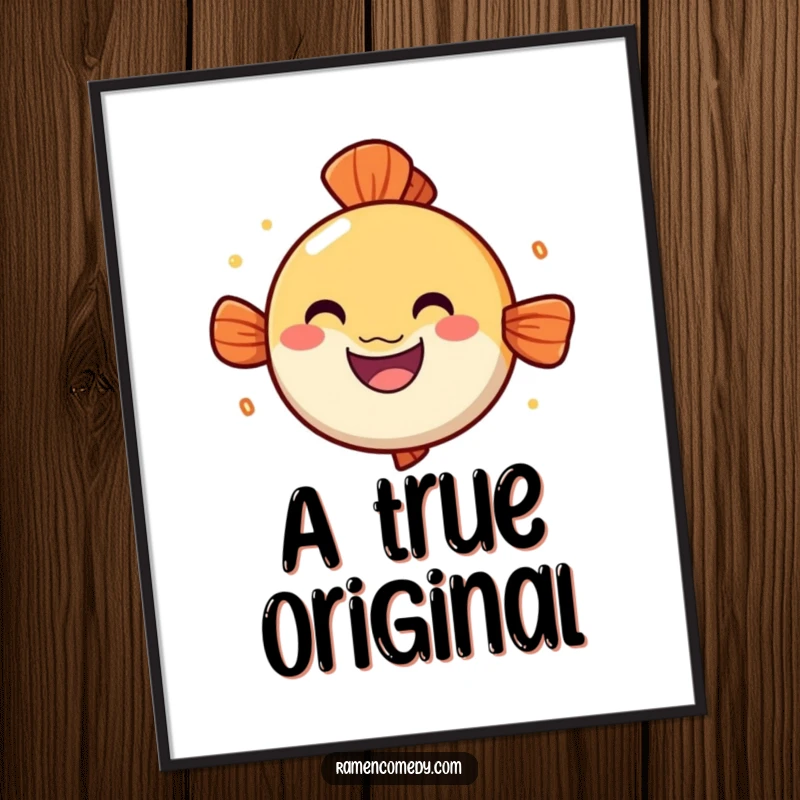 Funny narutomaki digital art print, cheerful spinning fish cake, cute ramen illustration.