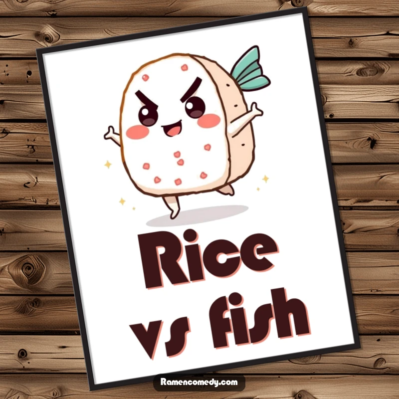 Funny onigiri digital art print of a determined rice ball character kicking a flying fish cake, capturing a moment of hilarious food combat.