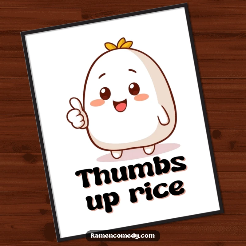 Funny digital art print of a cheerful onigiri character with a big smile, giving a clear thumbs up, full of positivity.