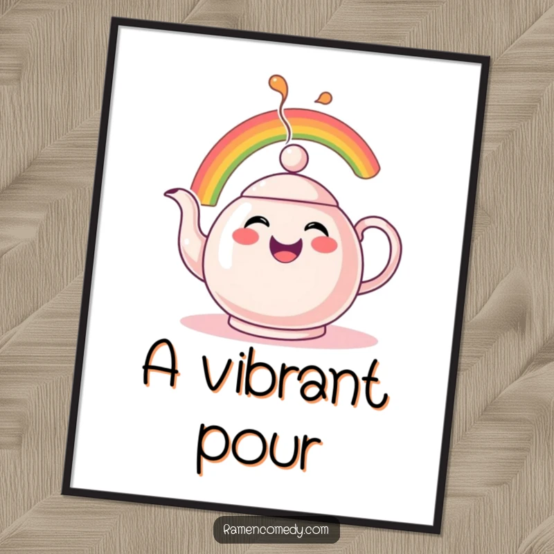 Funny Rainbow Teapot Digital Art Print of a cheerful teapot character comically spouting a vibrant rainbow, for instant decor.