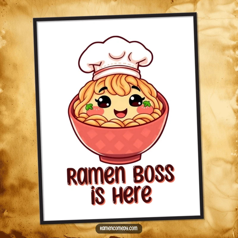 Funny smiling bowl of ramen wearing a tiny chef hat, a charming digital art print for instant download.