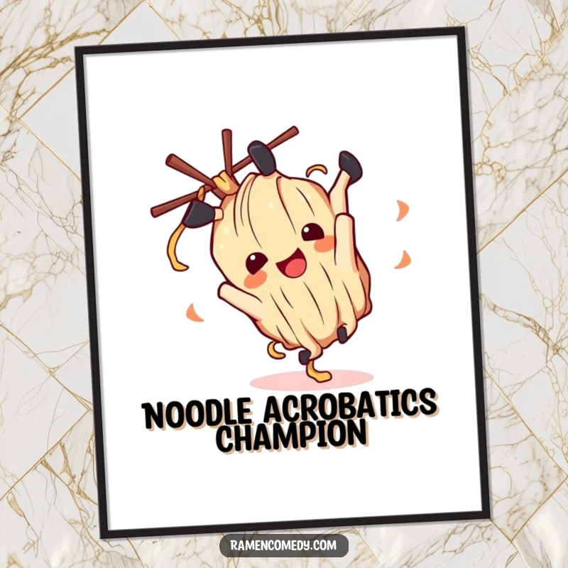 Funny ramen noodle character captured in a dynamic somersault on a digital art print, radiating delight.