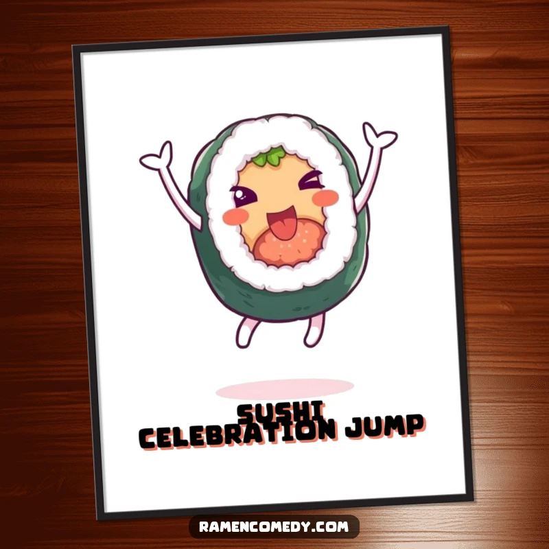 Funny digital art print of a cheerful sushi roll character leaping high into the air with immense, funny joy.