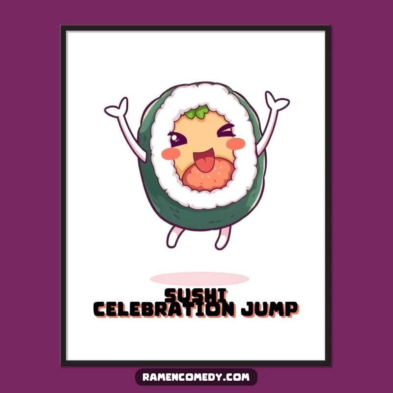 Funny Sushi Leap Digital Art: Cheerful Roll Character, Joyful Funny Gift Print