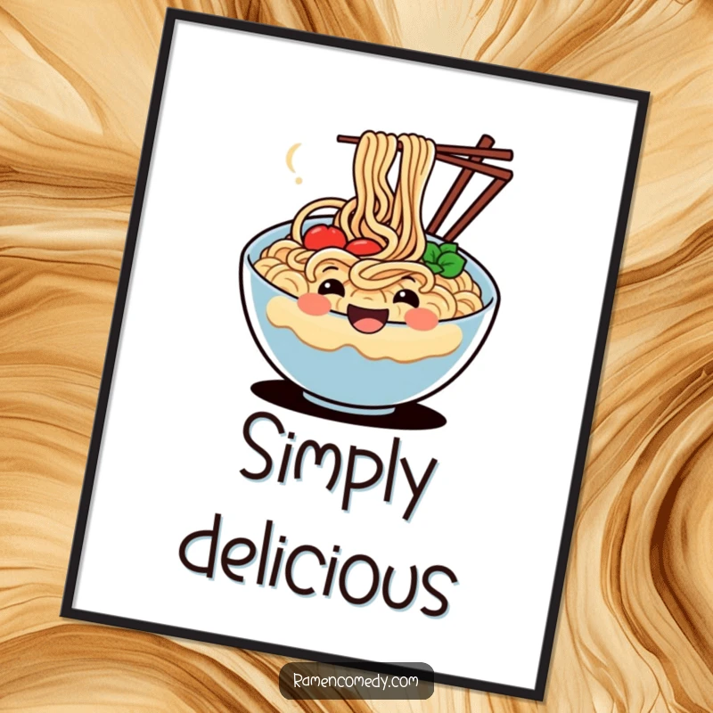 Funny digital art print of a smiling, wiggling bowl of noodles, creating instant cheerful and humorous decor.