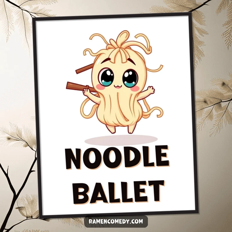Funny Digital Art Print of a wiggly noodle creature with big eyes playfully dancing around a chopstick, full of whimsy.