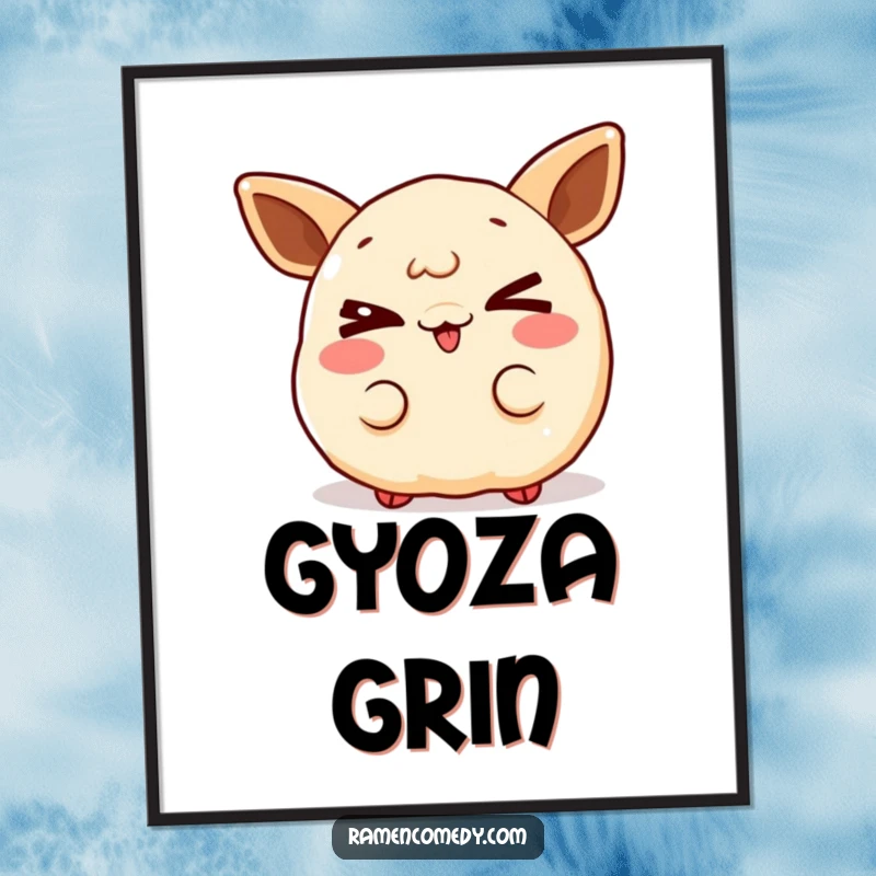 Funny gleeful gyoza digital art print, a charming character winking, perfect for instant playful decor.
