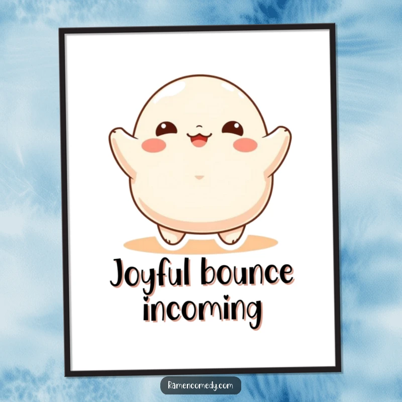 Funny Digital Art Print showcasing a round, ecstatic dumpling character joyfully bouncing, perfect for instant, cheerful home decor.