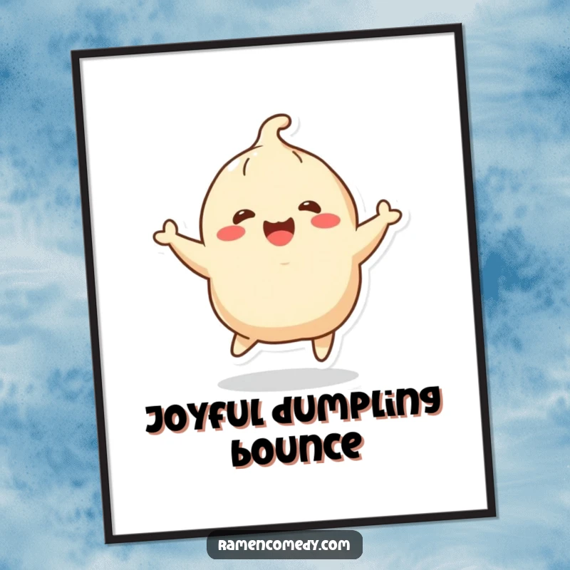 Funny cheerful dumpling character joyfully bouncing, digital art print for download. Expresses happiness and humor, ideal funny gift.