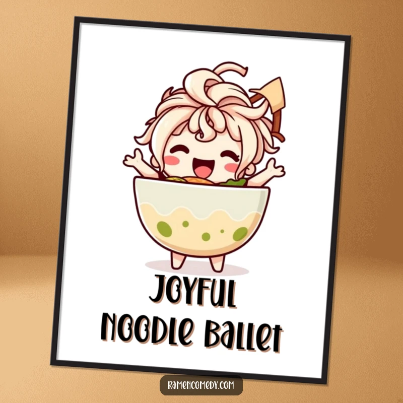 Funny digital art print of a happy ramen bowl character with noodle hair engaged in a joyful, funny dance.